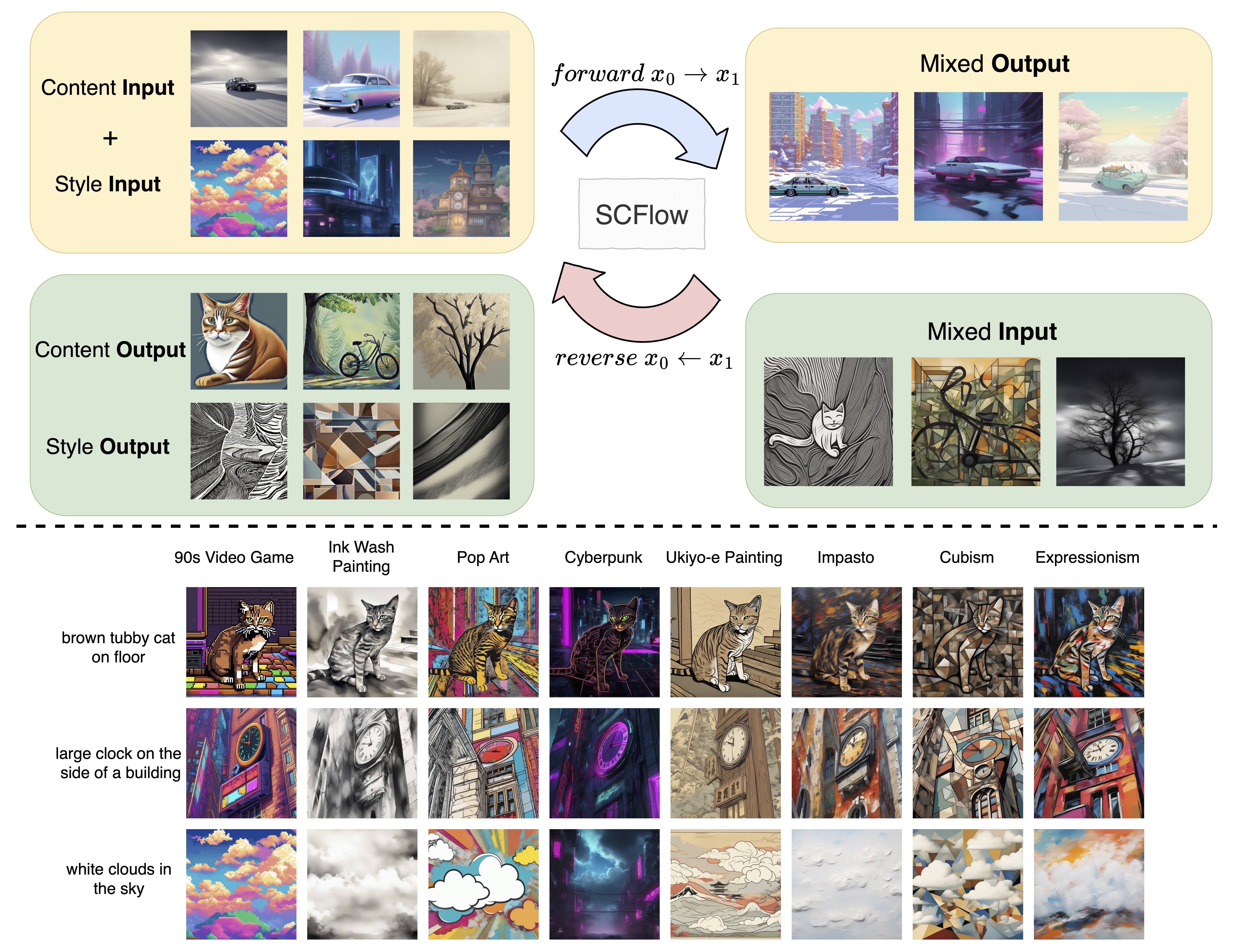 Top: The proposed SCFlow works bidirectionally,
      enabling style-content mixing (forward) and disentangling (reverse) with a single model. 
      Bottom: Our curated dataset to facilitate training.