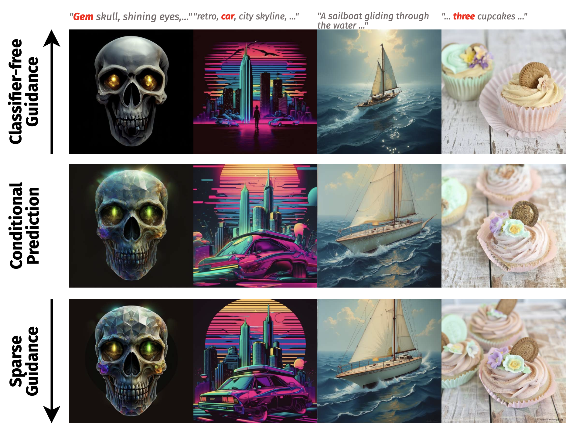 Selected text-to-image examples comparing conditional prediction, CFG, and SG.